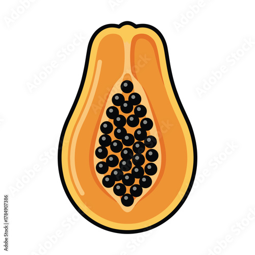a minimalist modern vector icon of a ripe papaya, using golden orange, black seed details, and beige undertones, isolated on a solid white background.