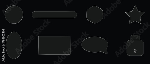 Modern glass effect vector shapes set including circle, star, bubble, and lock icons. Transparent glossy design elements for UI, logo, or web projects. Editable EPS file.