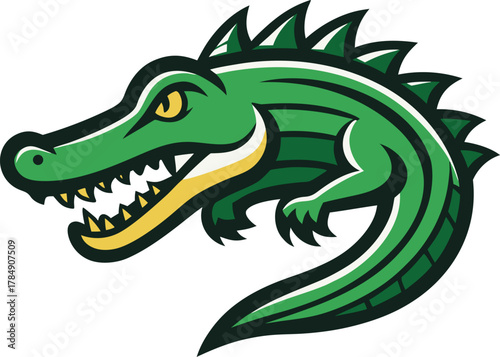 Green alligator head with yellow eye and sharp teeth crocodile reptile