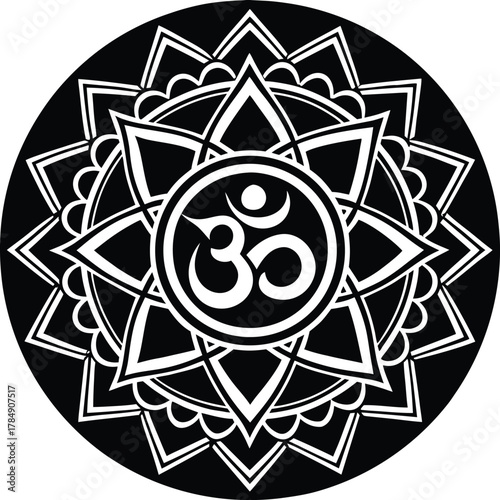 Om symbol in white circle on black mandala geometric pattern hinduism spirituality