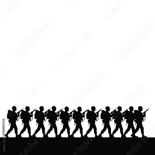 Silhouette of soldiers marching in formation against a stark white background