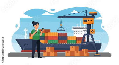 Professional woman coordinating cargo operations at busy port with container ship and crane