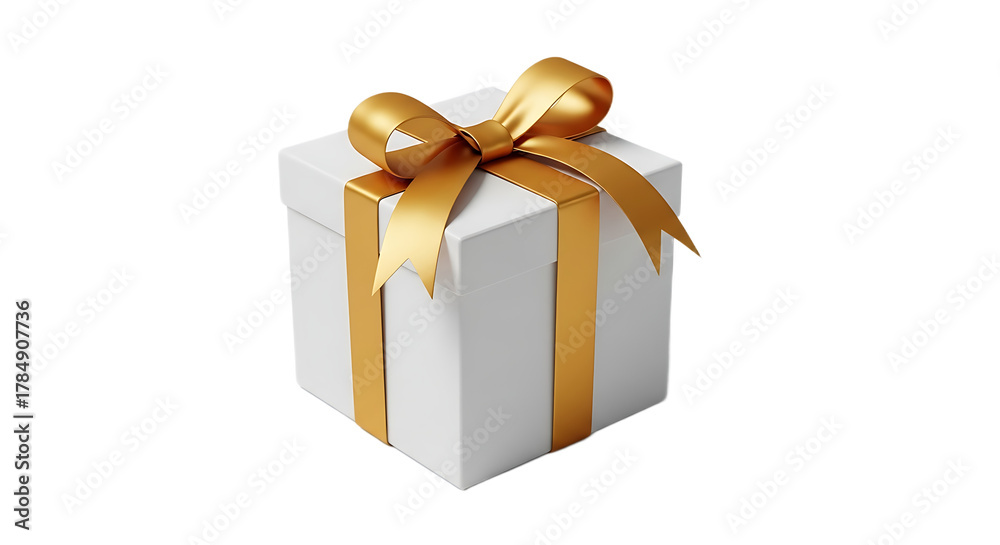 Obraz premium A white gift box with a golden ribbon and bow isolated on a black background in a studio shot