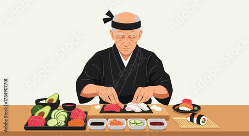 Expert sushi chef meticulously prepares fresh ingredients for authentic Japanese delicacy, showcasing culinary tradition and skill