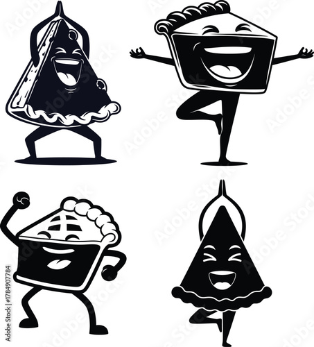 Cartoon pie characters doing yoga and fitness having fun together