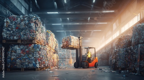 Forklift in warehouse moving compressed recycled materials bales