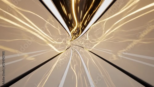 A tunnel with light streaks on the beige walls converging towards a dark center with intense golden light