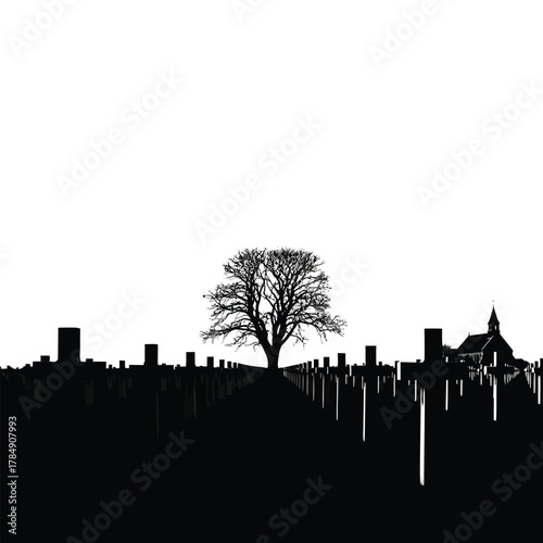 Silhouetted tree and gravestones in a stark black and white cemetery landscape