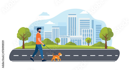 Man enjoys a refreshing walk with his energetic dog along a city street bordered by green parkland and modern skyscrapers
