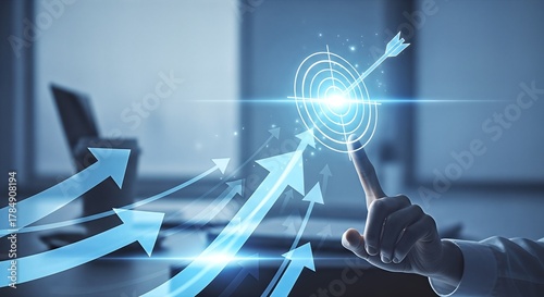 Hand pointing at target with arrow, concept of business success and goal