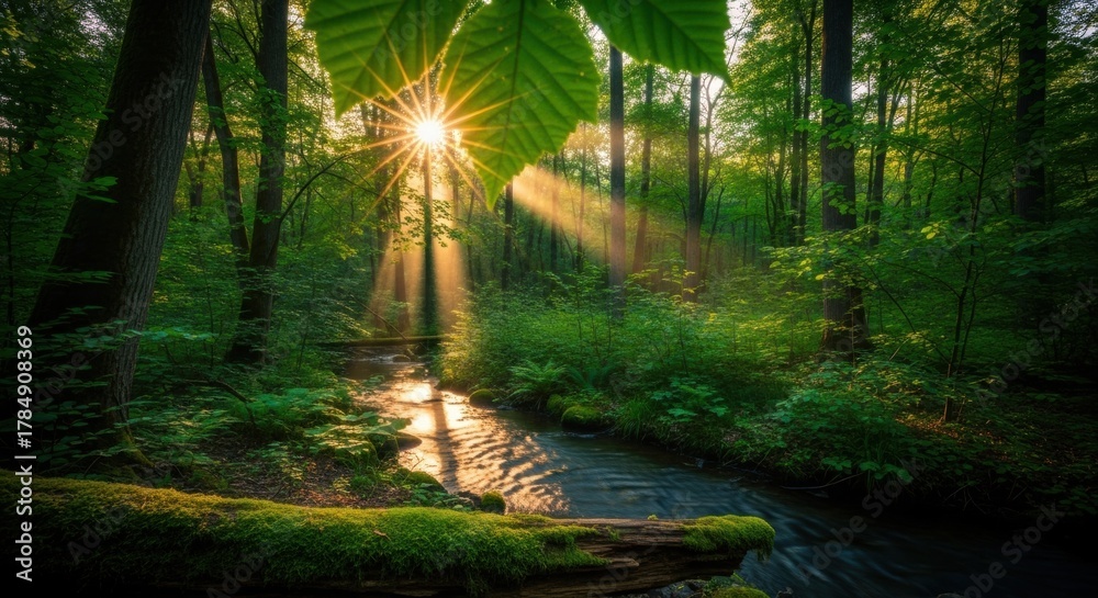 Fototapeta premium Golden sunbeams illuminating a tranquil forest stream. Serene nature landscape with morning light filtering through green leaves. Ecology and conservation concept for wellness