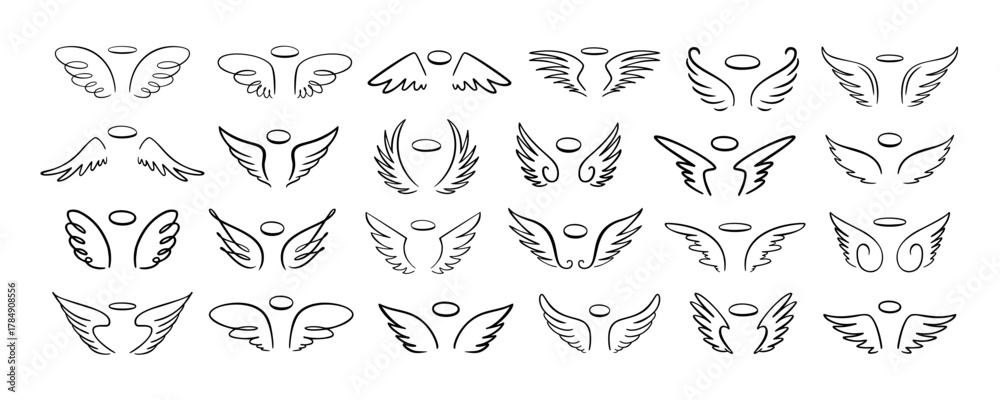 Fototapeta premium Sketch angel wings. Doodle bird wing logo, hand drawn heaven symbol with halo. Outline eagle or phoenix tattoo graphic, freedom dove, hawk vintage emblem. Vector isolated set