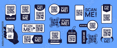 Scan me QR code sticker. Barcode frame for phone scanner, mobile app badge for payment, price tag and customer service, identification. QR code retail labels vector isolated set