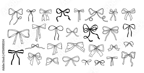 Whimsical bow. Doodle ribbon tied bows for wedding and birthday invitation, Valentines card in vintage coquette style. Romantic retro sketch elements. Vector isolated set