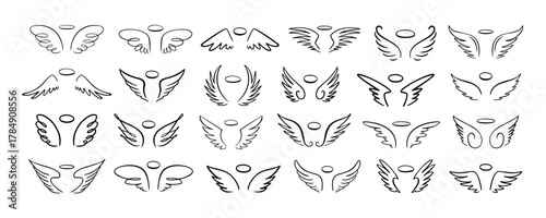 Sketch angel wings. Doodle bird wing logo, hand drawn heaven symbol with halo. Outline eagle or phoenix tattoo graphic, freedom dove, hawk vintage emblem. Vector isolated set