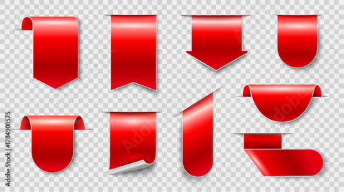 Red ribbon sale tag. Price banner, label bookmark satin band. Promotion offer product 3d badge, exclusive discount silk blank shiny ribbons in vertical arrow shape. Vector isolated set