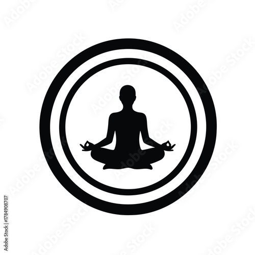 Yoga meditation person silhouette in lotus pose black white icon round symbol vector graphic