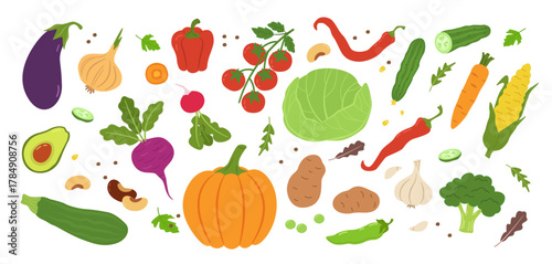 Flat vegetable set. Fresh farm vegetables, healthy organic food vegetarian ingredients. Gourd, pepper and tomato, carrot and potato, onion and eggplant, avocado and broccoli, garlic. Vector set