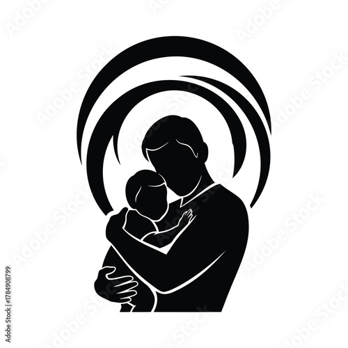 Father holding his child illustration black color, showing love and care with abstract rings