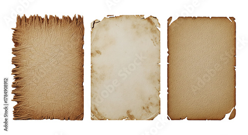 Three aged, parchment paper sheets, varying in tattered edges and staining, are arranged side-by-side against a white backdrop, bathed in warm, diffused light, evoking antiquity.
