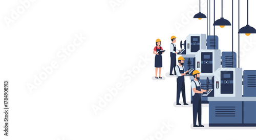 Skilled engineers and technicians diligently operate modern manufacturing machinery in a busy industrial factory setting