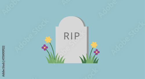 Solemn RIP tombstone surrounded by vibrant flowers and green grass on a peaceful blue sky background