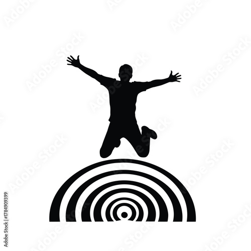 Silhouette of a jumping man with open arms on a concentric circle freedom symbol vector