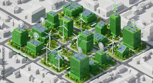 Sustainable City Vector Isometric: Green Buildings with Solar Panels & Wind Turbines Generating Clean Energy in Urban Environment
