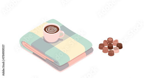 Cozy moment with warm hot chocolate and delicious chocolates on a soft blanket, perfect for relaxation and indulgence