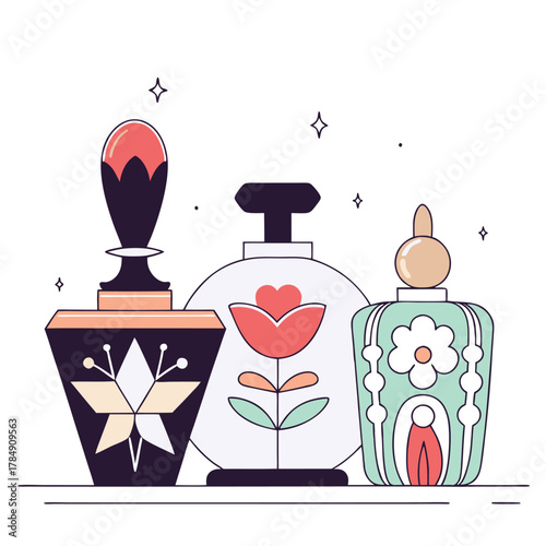 Perfume Bottles Collection Fragrance Cosmetic Glamour Aroma Style Vector Illustration