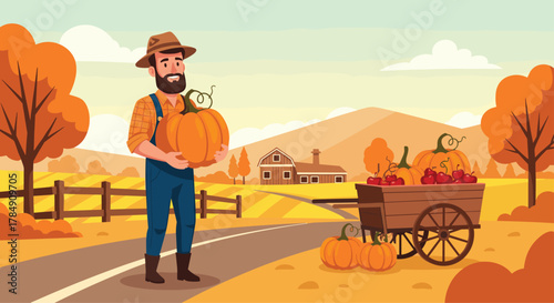 Joyful farmer proudly holds large pumpkin, showcasing abundant harvest in vibrant autumn farm landscape with barn and cart full of produce