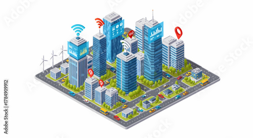 Smart city vector isometric, advanced technology and urban planning for sustainable development and business growth