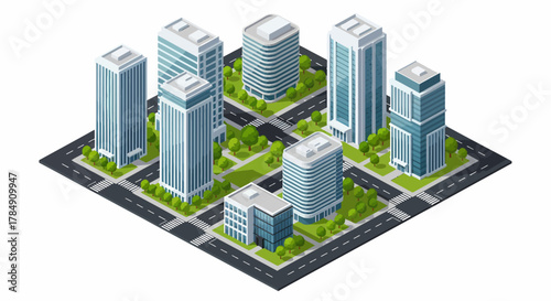 Isometric Vector Cityscape with Office Buildings, Roads and Green Spaces - Urban Planning and Sustainable Design Concept