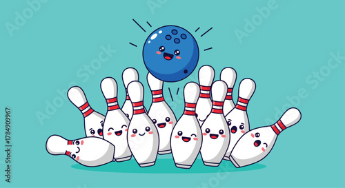 Joyful bowling ball about to strike happy cartoon pins in a vibrant turquoise lane, perfect for playful sports graphics