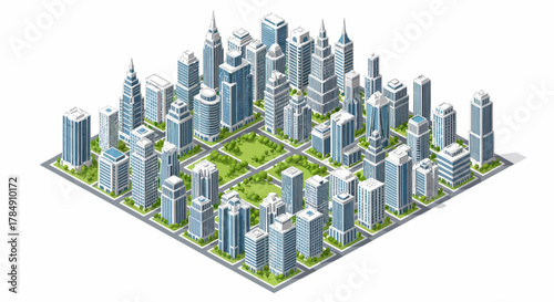 Vector Isometric Cityscape Illustration with Skyscrapers and Green Spaces for Urban Planning and Development Projects