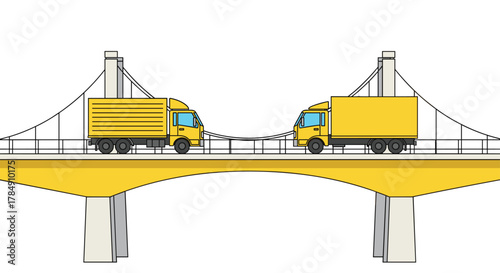 Two yellow trucks meet on a suspension bridge, symbolizing connection and logistics