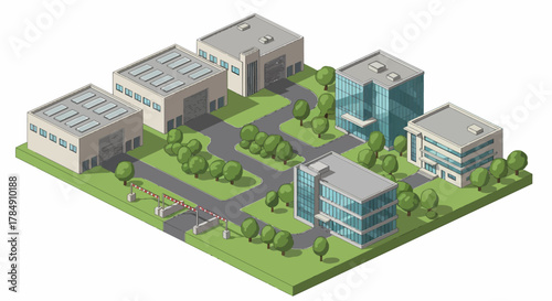 Vector Isometric: Industrial & Business Park Landscape with Warehouse, Office Buildings, Trees - Architectural Plan & Visualization