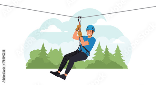 Excited man ziplining through lush green forest canopy, experiencing thrilling outdoor adventure and freedom