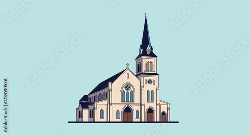 Majestic church building with tall steeple and arched windows on a clear blue sky background, evoking faith and tradition