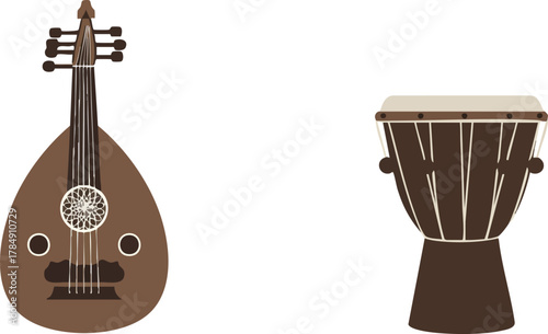 Musical Instruments: Oud and Djembe Drum Illustration.