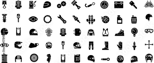 Motorcycle gear and equipment vector icon set. Helmet, gloves, boots, and accessories collection for motorbike safety design.