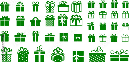 Green gift box vector icon set. Minimal flat collection of present symbols for holiday, celebration, and Christmas design.