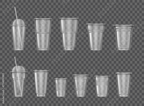 Plastic glasses. Different smoothie and milkshake glass. Lid and straw. Cocktail takeaway transparent utensil. Cold drinks and juice beverage. Realistic mockup. Vector isolated illustration