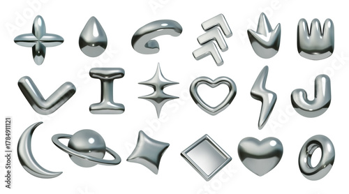 3D metal elements. Y2k chrome shape. Flower and arrow. Abstract graphic texture. Trendy retro lightning and heart. Geometric figures. Glossy Saturn and star. Vector isolated icons set