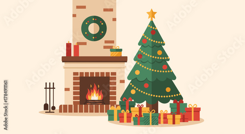 Cozy Christmas scene with a decorated tree, fireplace with glowing embers, and festive gifts ready for opening