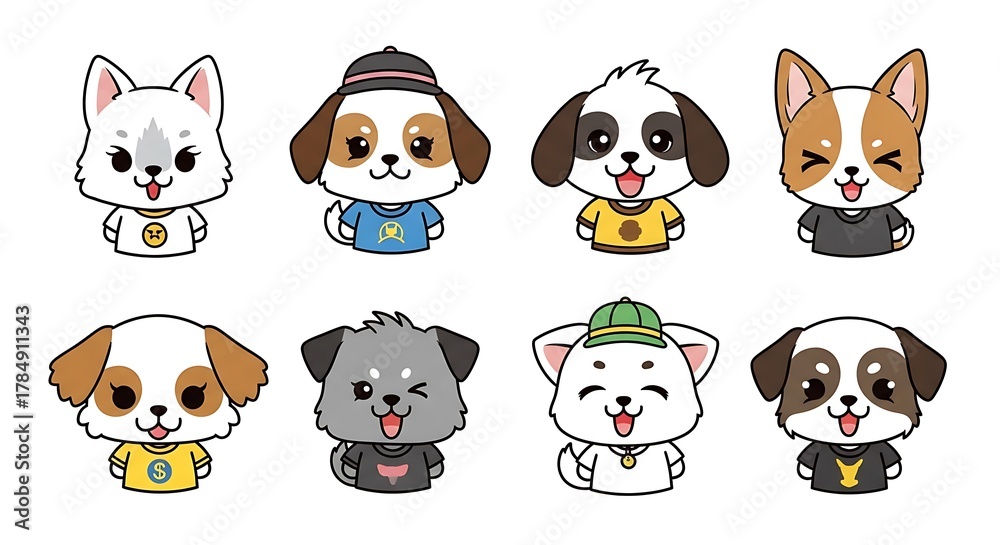 Obraz premium Collection of eight cute cartoon puppies with different expressions and accessories, wearing tshirts and hats, with big eyes and happy smiles, isolated on white background