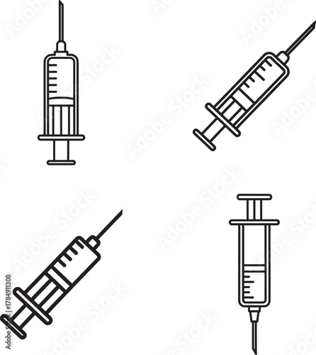 Four hand drawn outline illustrations of medical syringes on a white background