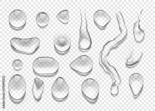 Water drop set. Isolated liquid droplet, realistic blue splash or clean aqua dew, drip on surface. Transparent flow, fresh natural cool bubble, window condensation. Vector 3d illustration