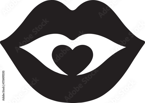 Lips with heart shape smile silhouette vector, love and affection concept bold icon design.