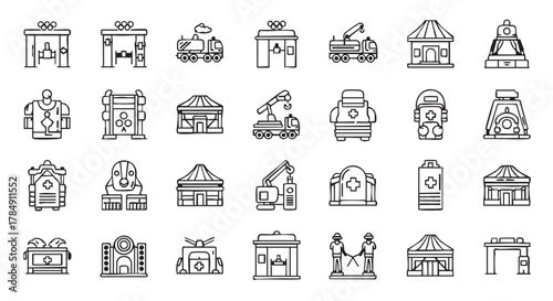 A diverse collection of modern black and white line art icons illustrating various buildings, structures, and architectural elements, ideal for digital design.
